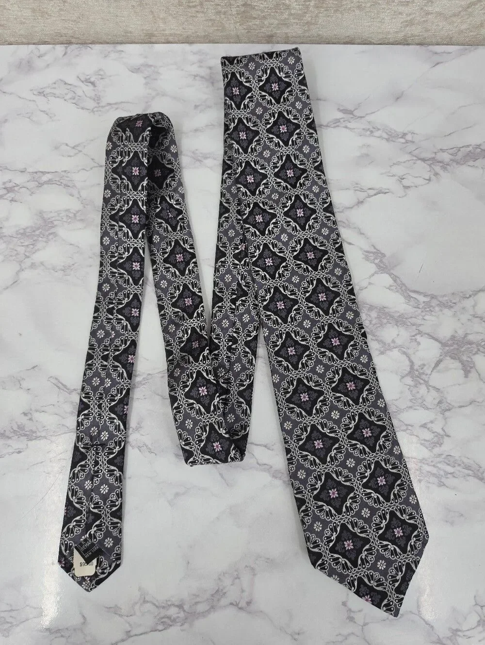 Ike Behar Men's Black Gray Patterned Silk Tie with Subtle Purple Accent Necktie